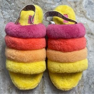 UGG Pride Fluff Yeah Slide in Rainbow Yellow Women’s Size 11